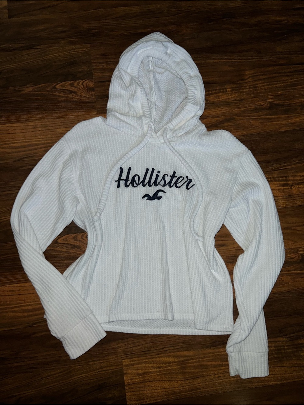 Hollister White Waffle-Knit Hooded Pullover with Navy Logo